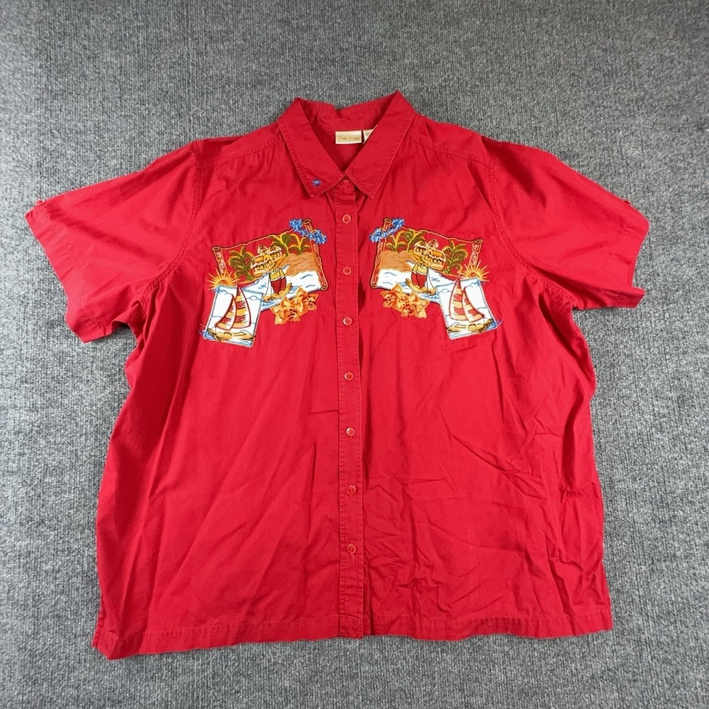 Bobbie Brooks Shirt Womens 22W Red Embroidered Tropical Button Front Top